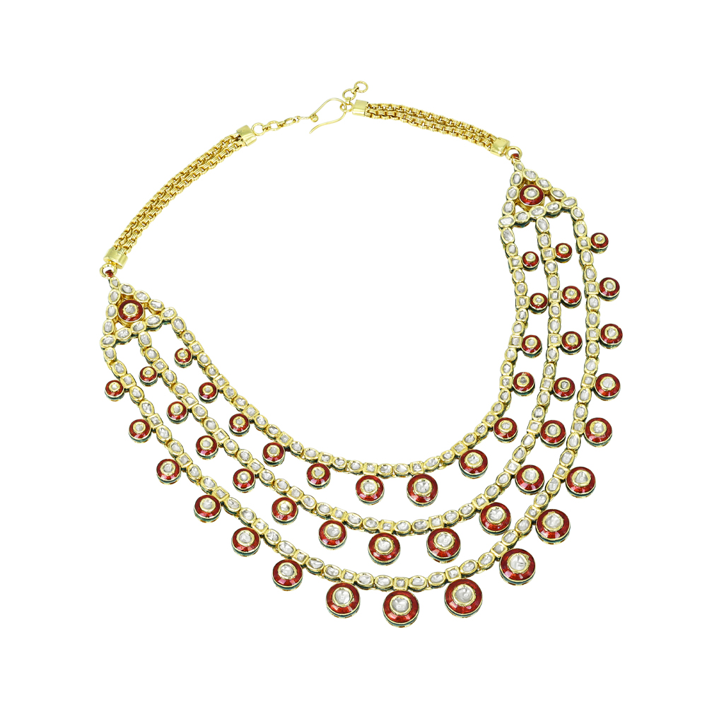 Layered Polki Necklace Set with Red Enamel and Circular Motifs